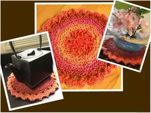 This quick and easy all-purpose mat is knitted in rounds starting from the outer edge.  The pretty little scallops along the edge look very much like crochet.