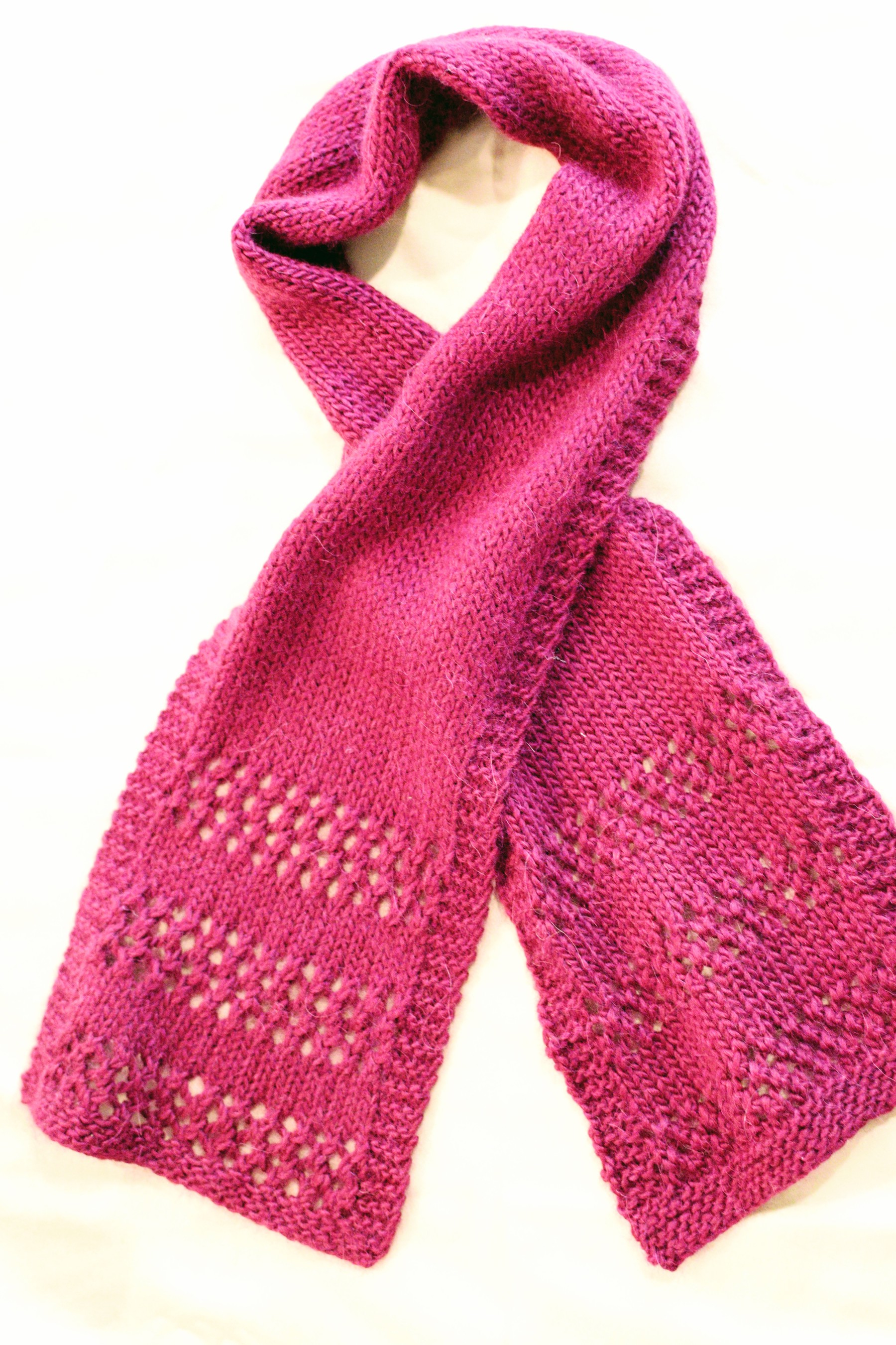This is a basic eyelet scarf to help beginners get acquired to yarn over stitches and create beautiful pattern by combining many eyelets.