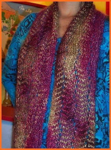 Beautiful Lacy zigzag scarf free knitting pattern.  This scarf knitted with luxurious Fiesta La Boheme in Starbust. 