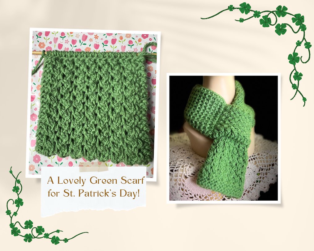 A lovely keyhole scarf in a lovely green color to wear during St. Patrick's Day celebration.  This knitting pattern is free and there is also a video tutorial.